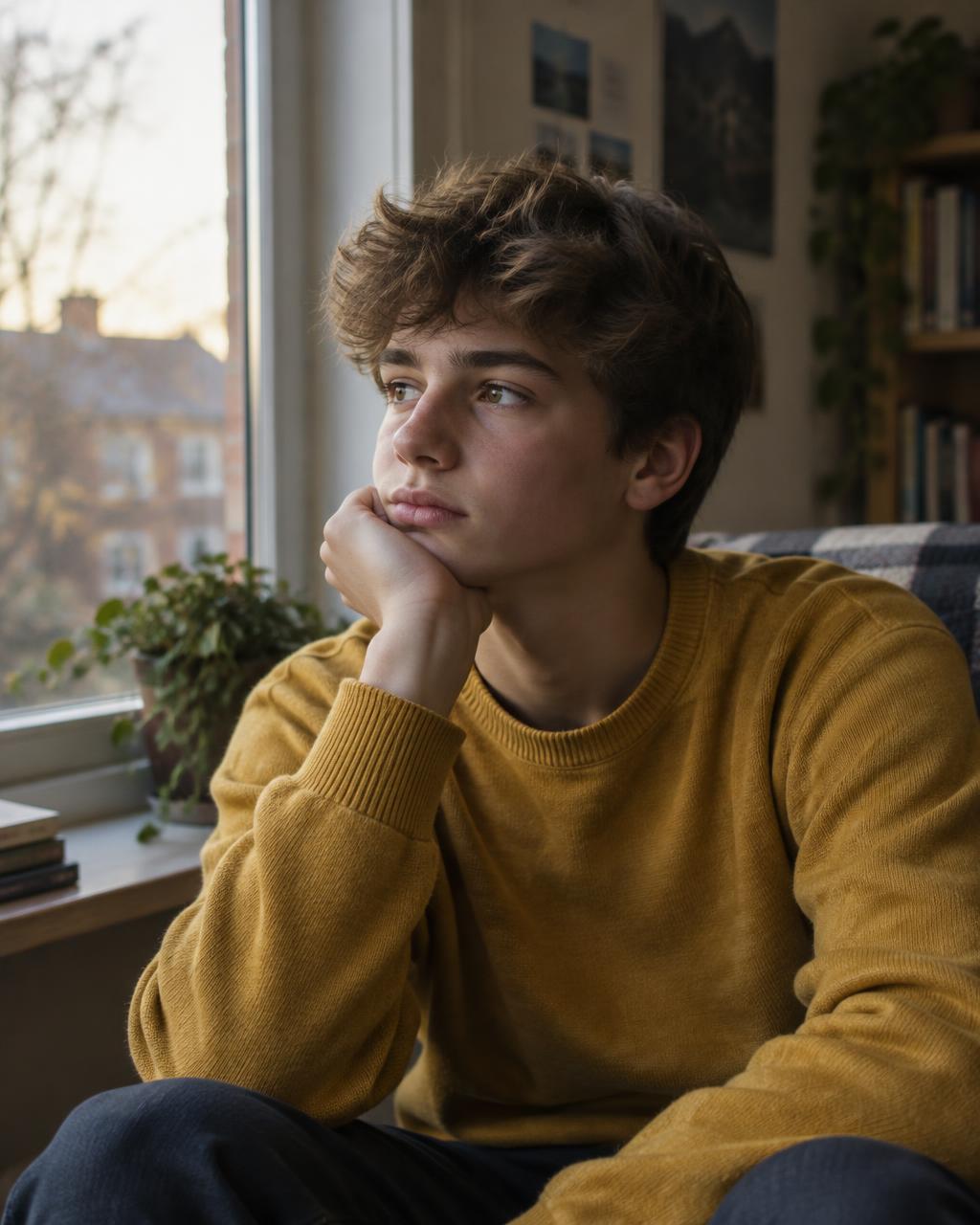 A teenage boy resting his chin on his hand, thinking
